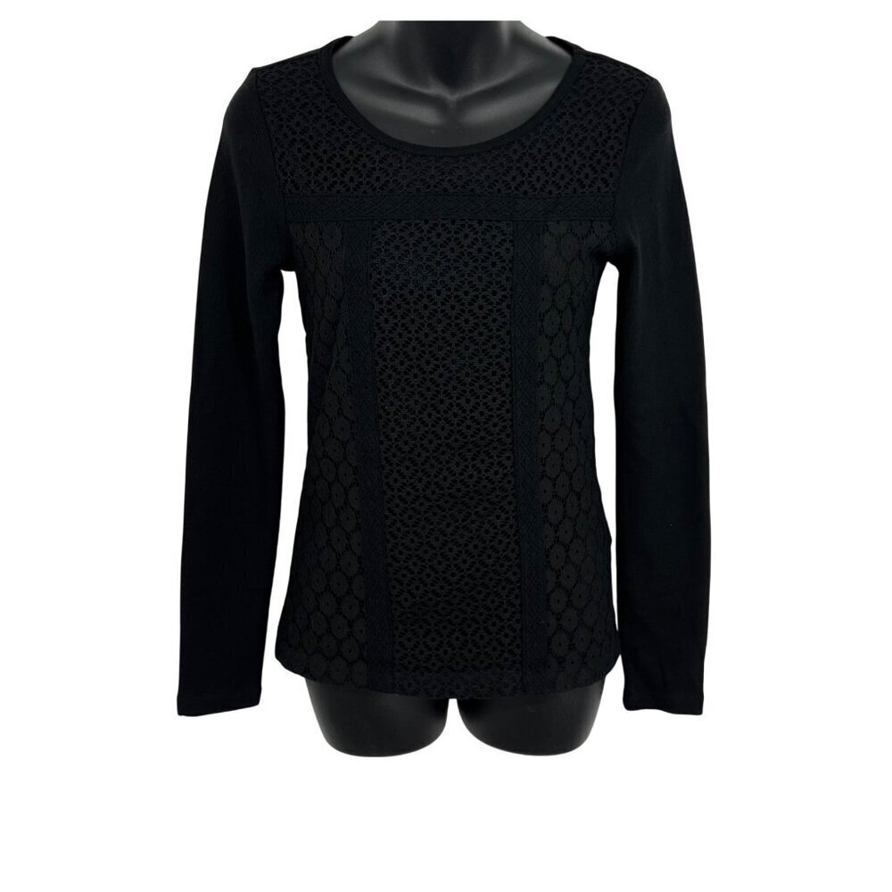 Lucky Brand Womens XS Extra Small Black Crochet Lace Long Sleeve Top Blouse New